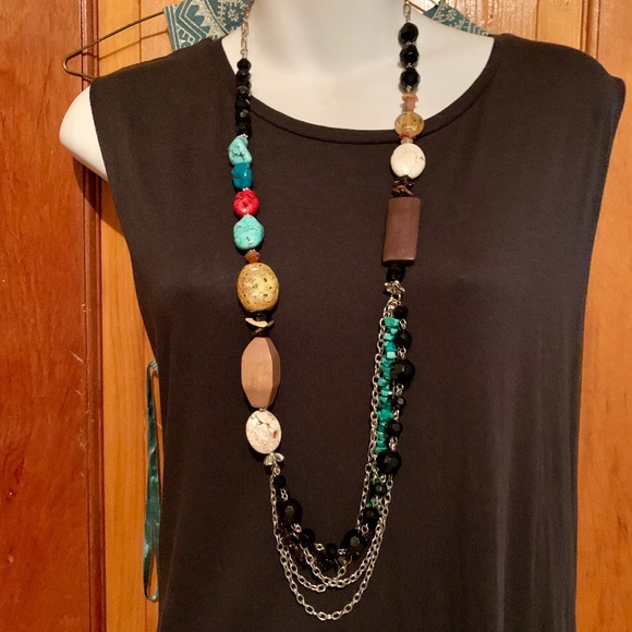 36"  Long Mixed Media Necklace - Gems Ceramic Wood Glass Stone Crystals - NWOT - Picture 2 of 10